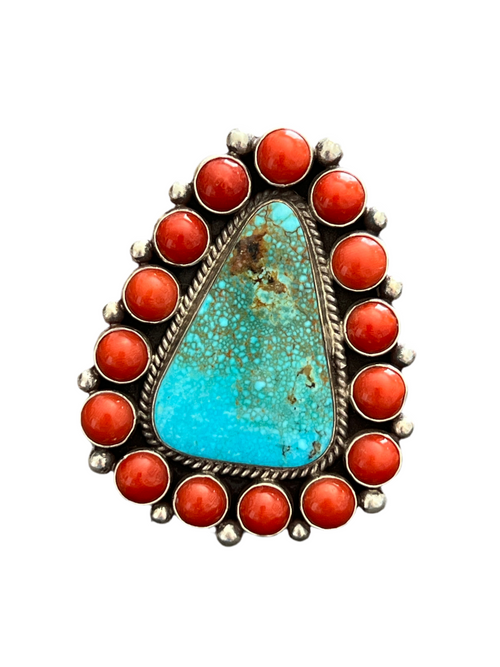Handcrafted Sterling Silver, Kingman Turquoise and Mediterranean Coral Cluster Ring By Tyler Brown, Adjustable