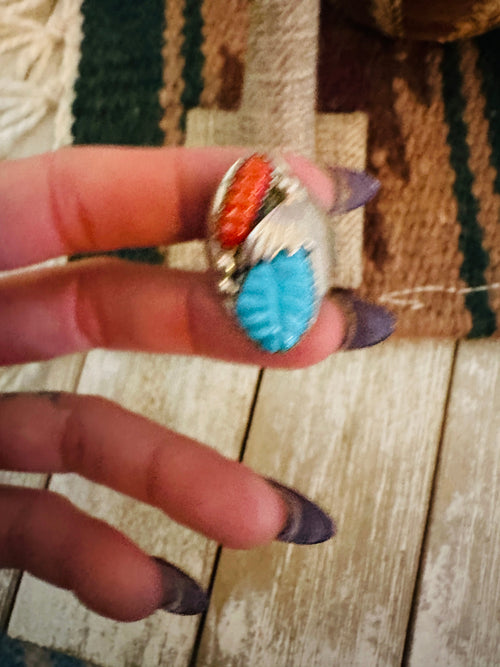 Old Pawn Handcrafted Turquoise, Coral & Sterling Silver Ring Size 8.75