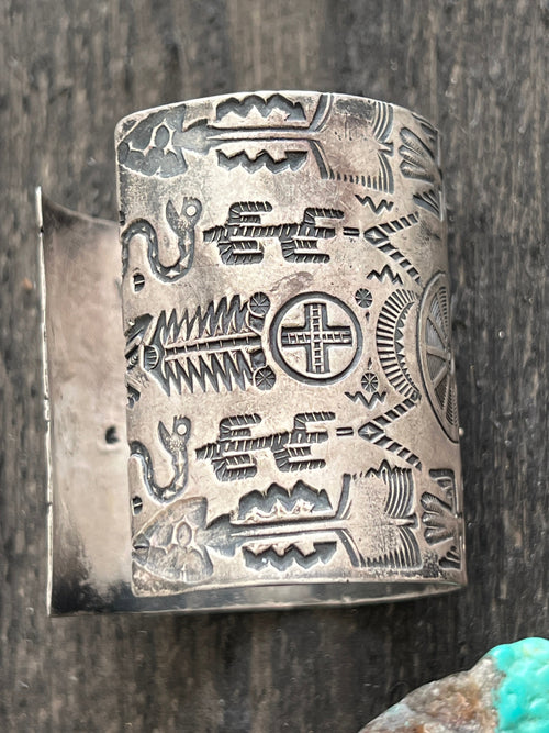 Handcrafted Vintage Fred Harvey Era Symbolic Collage TurquoiseSterling Silver Cuff Bracelet