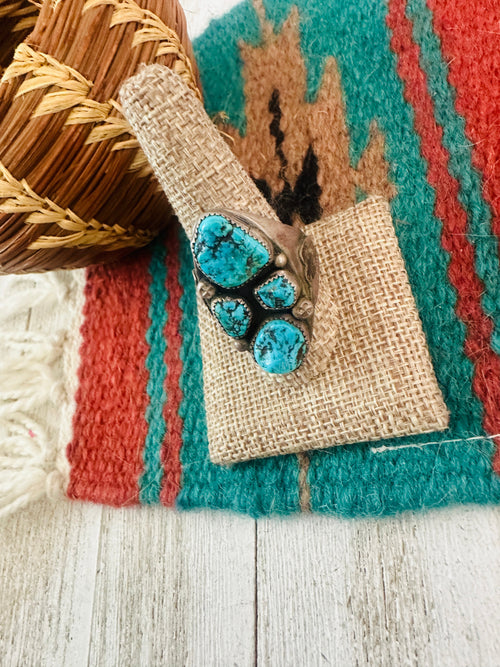 Old Pawn Navajo Sterling Silver & Kingman Turquoise Cluster Ring Size 10.25