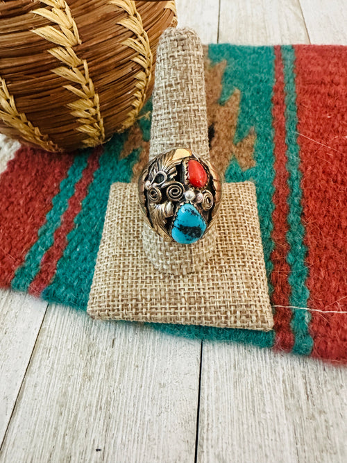 Old Pawn Navajo Sterling Silver with Gold Overlay, Turquoise & Coral Ring Size 10.75