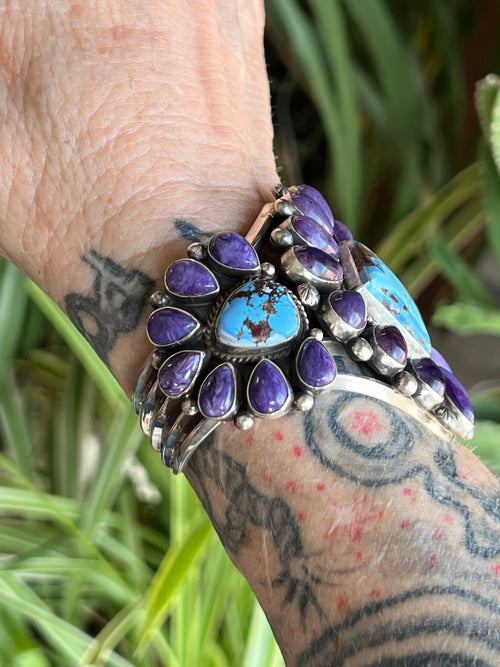 Handcrafted Sterling Silver, Charoite and Golden Hills Turquoise Cluster Cuff Bracelet by Tyler Brown /