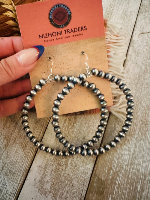 Navajo Sterling Silver Pearl Beaded Dangle Hoop Earrings