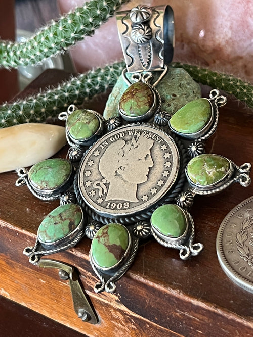 Apache Made Sterling Silver and Egyptian Turquoise Coin Cluster Pendant by Rosella Paxson