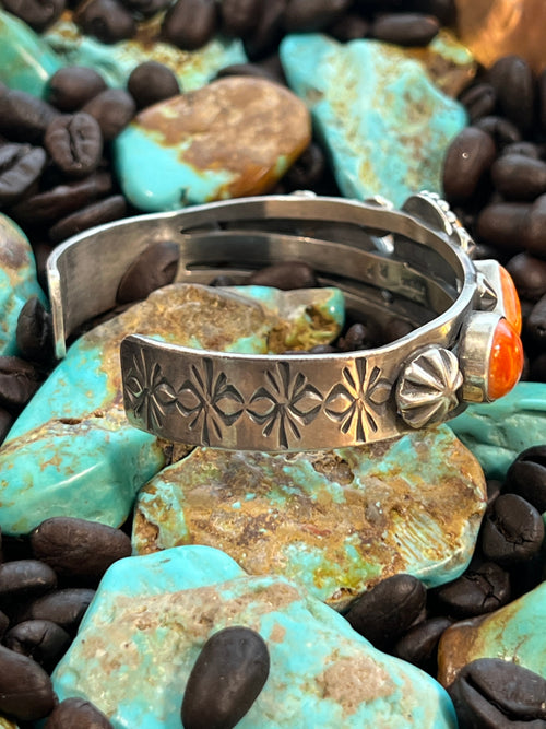 Apache Sterling Silver and Orange Spiny Oyster Shell Cuff Bracelet by Rosella Paxson