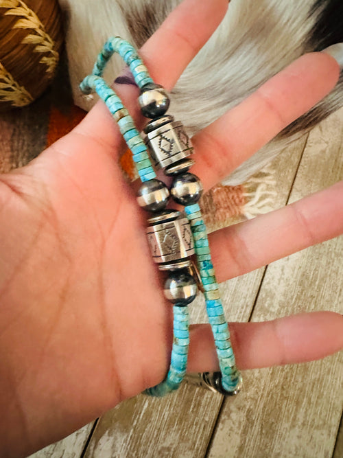 Navajo Turquoise & Hand Stamped Sterling Silver Pearl Beaded Necklace