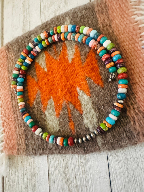 Navajo Multi Stone & Sterling Silver Beaded Wrap Choker Necklace