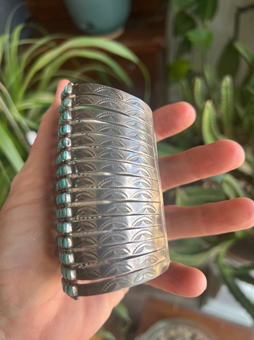 Handcrafted Stunning Old Pawn 15 Row Sterling Silver & Turquoise Gauntlet Style Cuff Bracelet by Clark Couyancy /