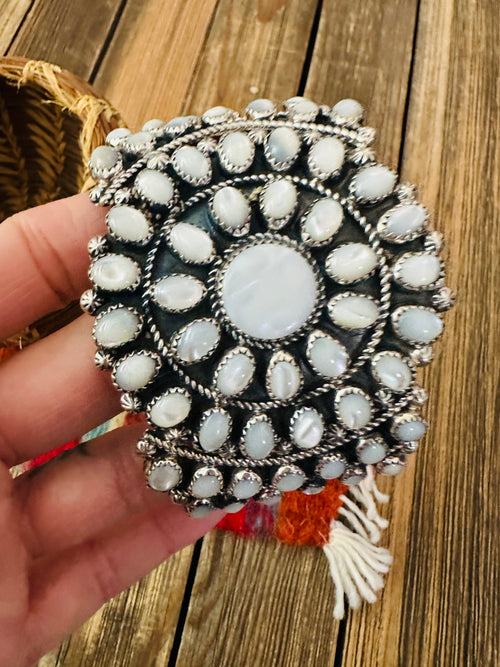 Handcrafted Old Pawn Sterling Silver & Mother of Pearl Cuff Bracelet