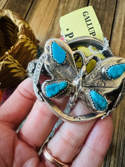 Handcrafted Old Pawn Sterling Silver & Turquoise Butterfly Cuff Bracelet