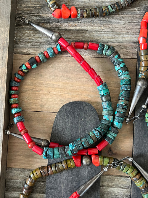 Navajo Hubei Turquoise Beaded Necklace with Sterling Silver and Bamboo Coral by Kirby Smith: 13 To Choose From!