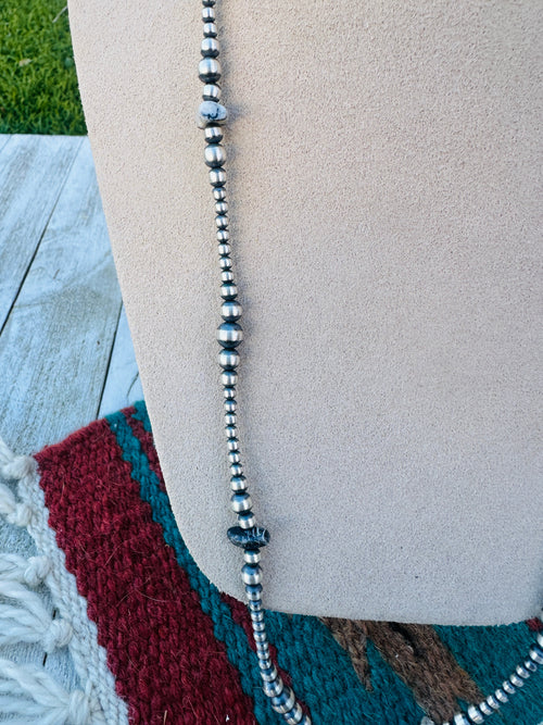 Handcrafted White Buffalo & Sterling Silver Pearl Style 24” Beaded Necklace