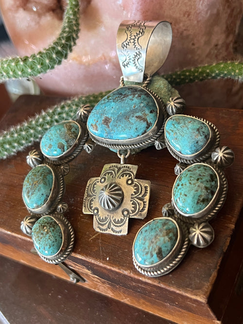 Apache Made Sterling Silver and Egyptian Turquoise Naja Pendant by Rosella Paxson