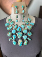 Intricate Handcrafted Sterling Silver and Sonoran Mountain Turquoise Bib Style Necklace with Earrings, Signed T. Smith