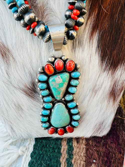 Handcrafted Old Pawn Turquoise, Spiny Oyster & Sterling Silver Beaded Necklace and Earring Set, Signed J