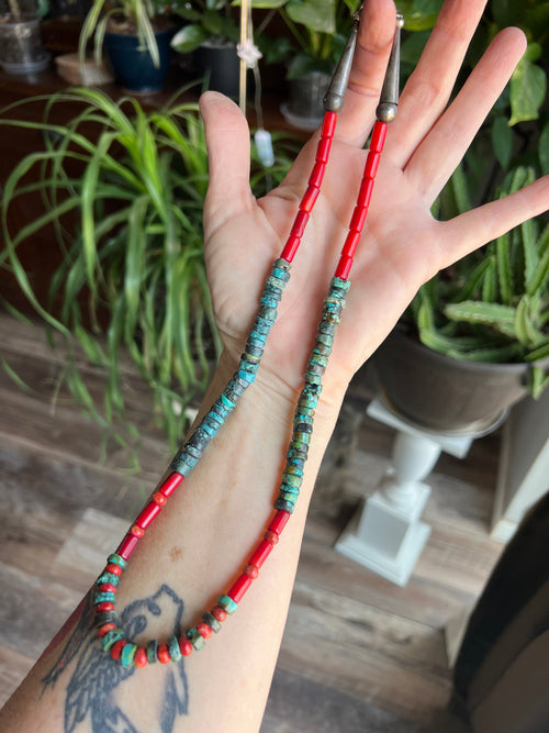 Navajo Hubei Turquoise Beaded Necklace with Sterling Silver and Bamboo Coral by Kirby Smith: 13 To Choose From!