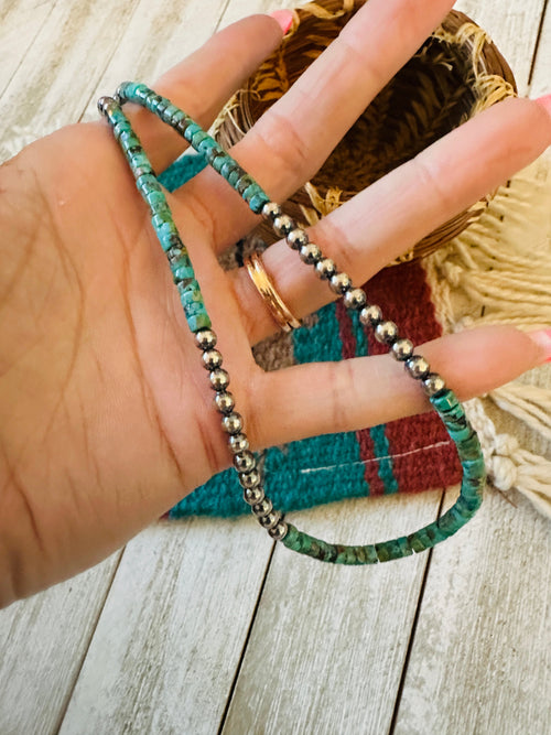 Navajo Turquoise & Sterling Silver Pearl 16” Beaded Necklace