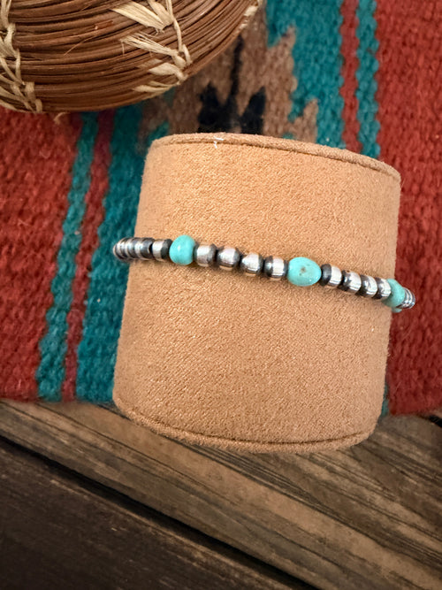 Handcrafted Turquoise & Sterling Silver Pearl Beaded Bracelet