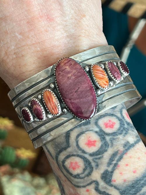 Old Pawn Handcrafted Sterling Silver and Spiny Oyster Cuff Bracelet, Signed AD