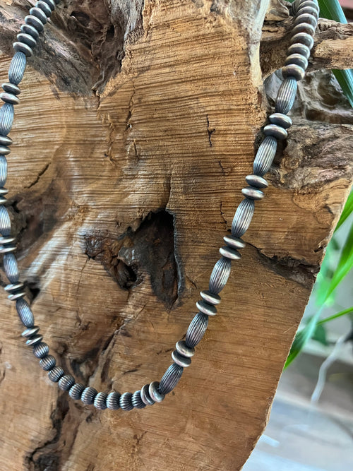 Old Pawn Sterling Silver Navajo Saucer and Corrugated Bead Necklace, 24 inches