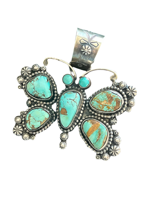 Apache Made Sterling Silver & Pilot Mountain Turquoise Butterfly Pendant by Rosella Paxson