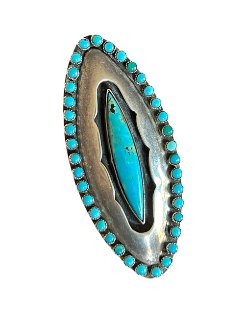 Old Pawn Sterling Silver and Turquoise Shadowbox Ring Signed LM