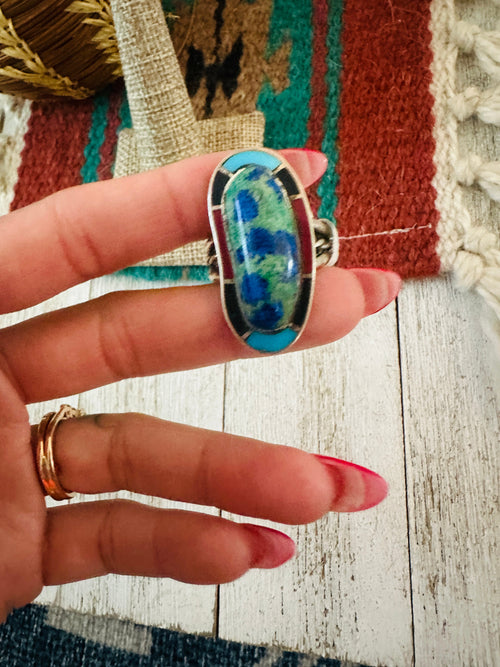 Old Pawn Navajo Sterling Silver & Multi Stone Inlay Ring Size 10