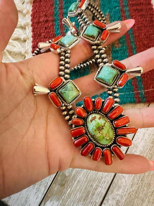 ** Christmas Collection ** Handmade Sterling Silver, Turquoise & Coral Necklace Signed Nizhoni