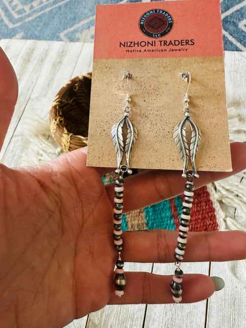 Queen Pink Conch & Sterling Silver Pearl Beaded Feather Earrings