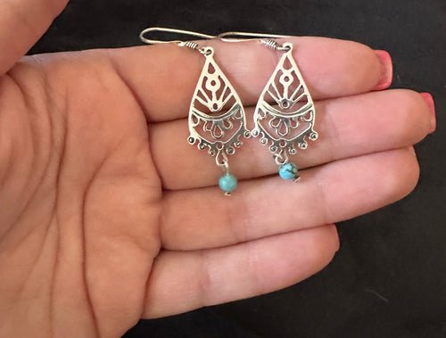 Ornate Teardrop Earrings w/ Turquoise Bead