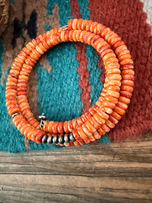 Handcrafted Spiny Oyster & Sterling Silver Beaded Wrap Bracelet