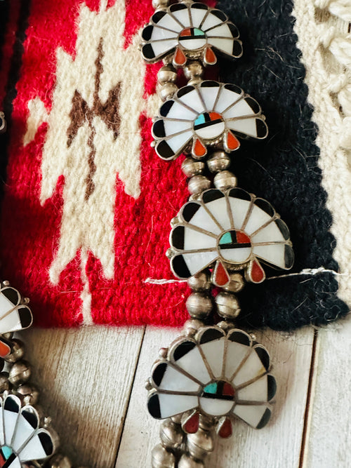 Vintage Old Pawn Sunface Multi Stone & Sterling Silver Beaded Squash Blossom Necklace