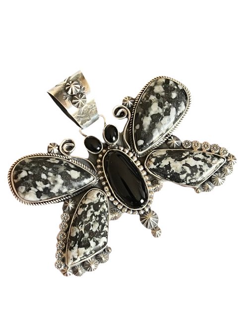 Apache Sterling Silver, White Buffalo and Black Onyx Butterfly Pendant by Rosella Paxson