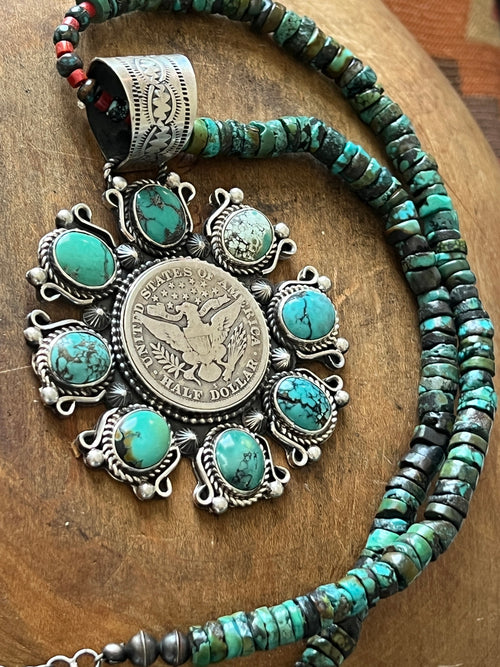 Rosella Paxson Hubei Turquoise and Barber Half Dollar Cluster Pendant
