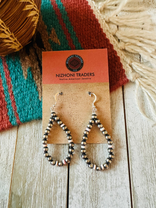 Handcrafted Queen Pink Conch & Sterling Silver Pearl Beaded Hoop Earrings