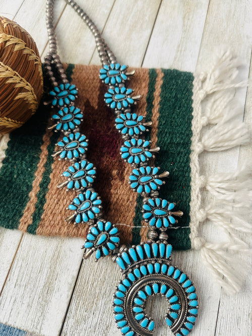 Vintage Old Pawn Navajo Turquoise & Sterling Silver Beaded Squash Blossom Necklace
