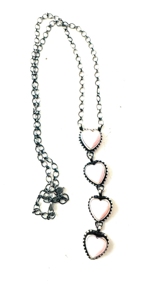 Handcrafted Queen Pink Conch & Sterling Silver Pearl Lariat Heart Necklace