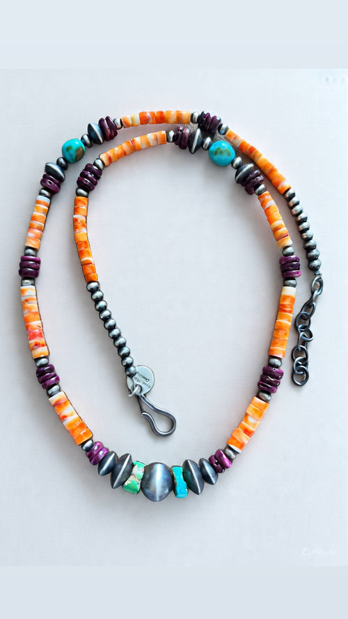 Navajo Made Electric Rainbow Sterling Silver, Turquoise and Spiny Oyster Single Strand Beaded Necklace by Rose Martin, 22 + 2 Inches