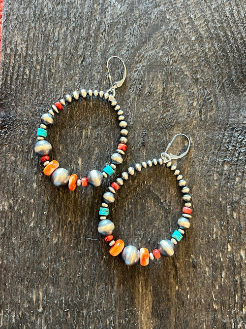 Navajo Made Electric Rainbow Sterling Silver, Turquoise & Spiny Oyster Beaded Drop Hoop Earrings, Leverback