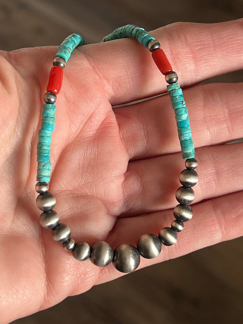 Handcrafted Summer Lovin’ Beaded Layering Necklace with Sterling Silver, Turquoise and Mediterranean Coral, 14” + 2”, The Beach Cruiser