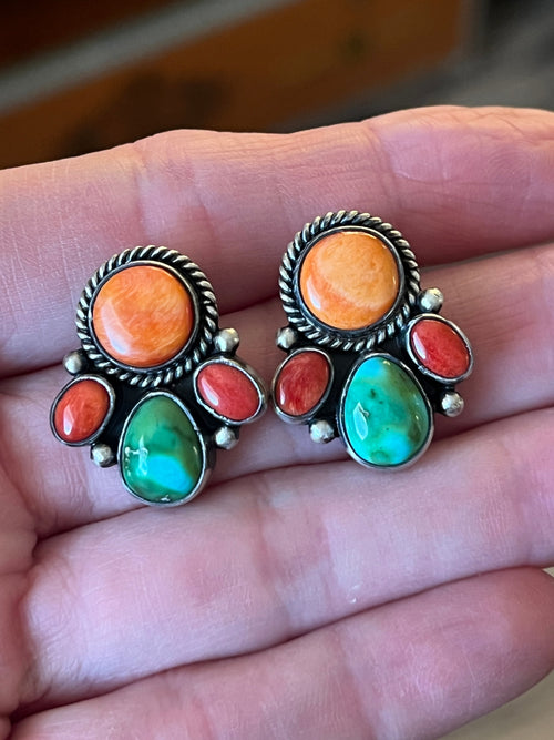 Navajo Made Sterling Silver Electric Rainbow Beaded Cluster Necklace & Earrings Set by Angela Martin