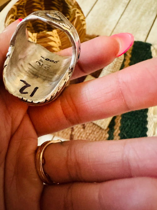 Handcrafted Old Pawn Sterling Silver & Orange Spiny Men’s Ring Size 12