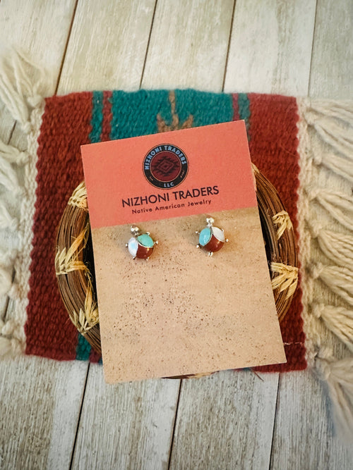 Handcrafted Old Pawn Sterling Silver & Multi Stone Turtle Stud Earrings