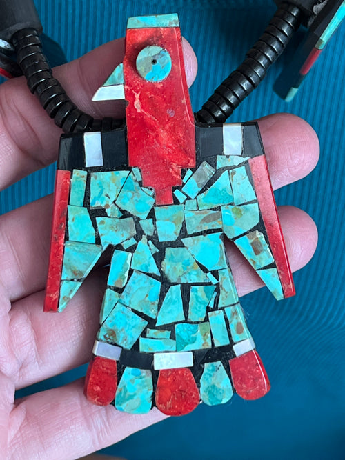 Handcrafted Inlay Turquoise and Apple Coral Thunderbird Tab Necklace & Earrings Set by Warren Nieto