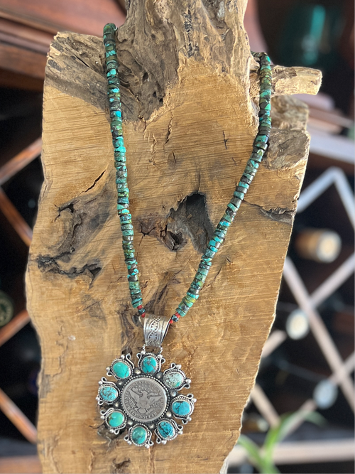 Rosella Paxson Hubei Turquoise and Barber Half Dollar Cluster Pendant