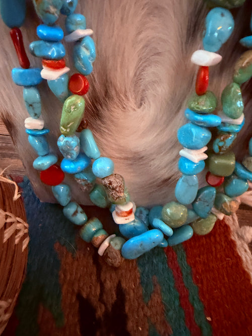 Old Pawn Handcrafted Turquoise, Coral & Shell Beaded 30” Necklace