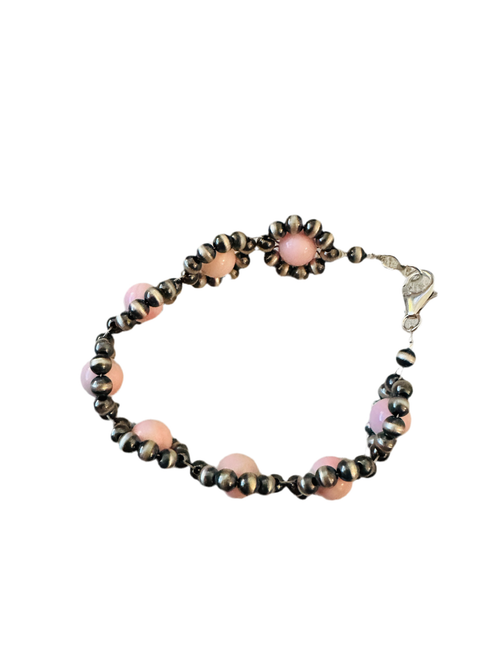Navajo Queen Pink Conch Shell & Sterling Silver Beaded Flower Bracelet
