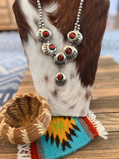 Old Pawn Handcrafted Coral and Nickel Bead Paw Necklace