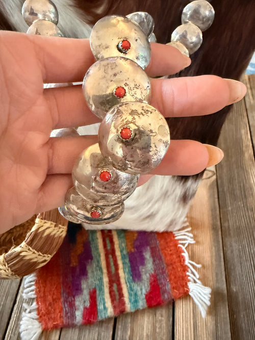 Old Pawn Handcrafted Coral and Sterling Silver Pillow Bead Necklace