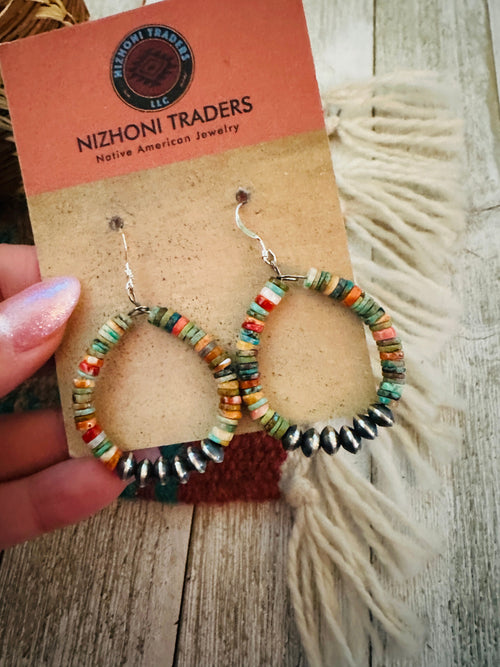 Handcrafted Spiny Oyster, Turquoise & Sterling Silver Beaded Dangle Hoop Earrings